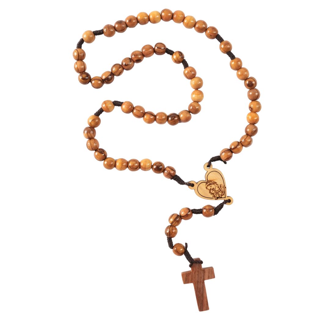 Handmade Olive Wood Rosary with Heart and Mary Pendant – 42cm | Baptism, Communion & Confirmation Gift