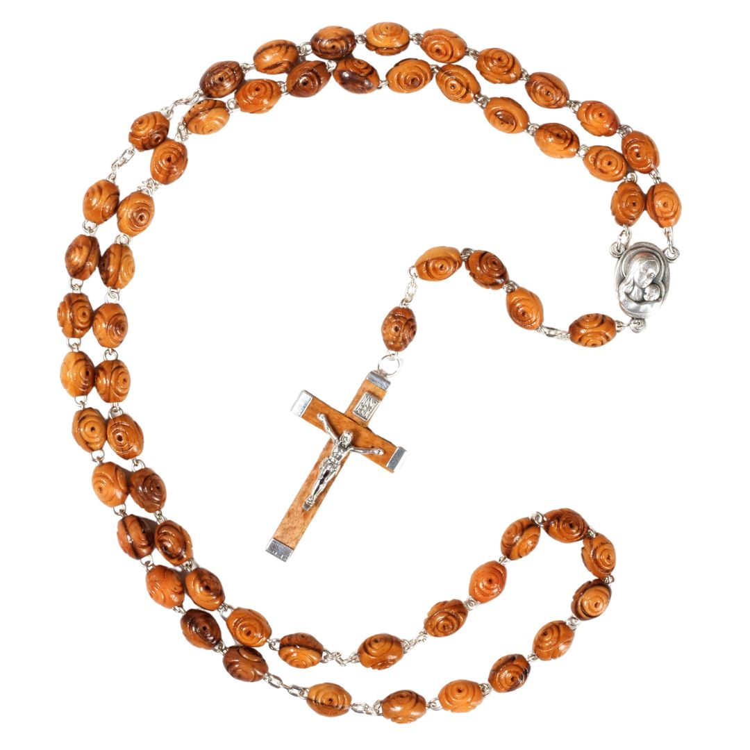 Handmade Olive Wood Rosary with Decorative Beads & Cross – 50cm | Baptism, Communion & Confirmation Gift