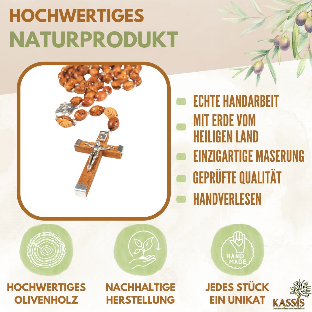 Handmade Olive Wood Rosary with Decorative Beads & Cross – 50cm | Baptism, Communion & Confirmation Gift