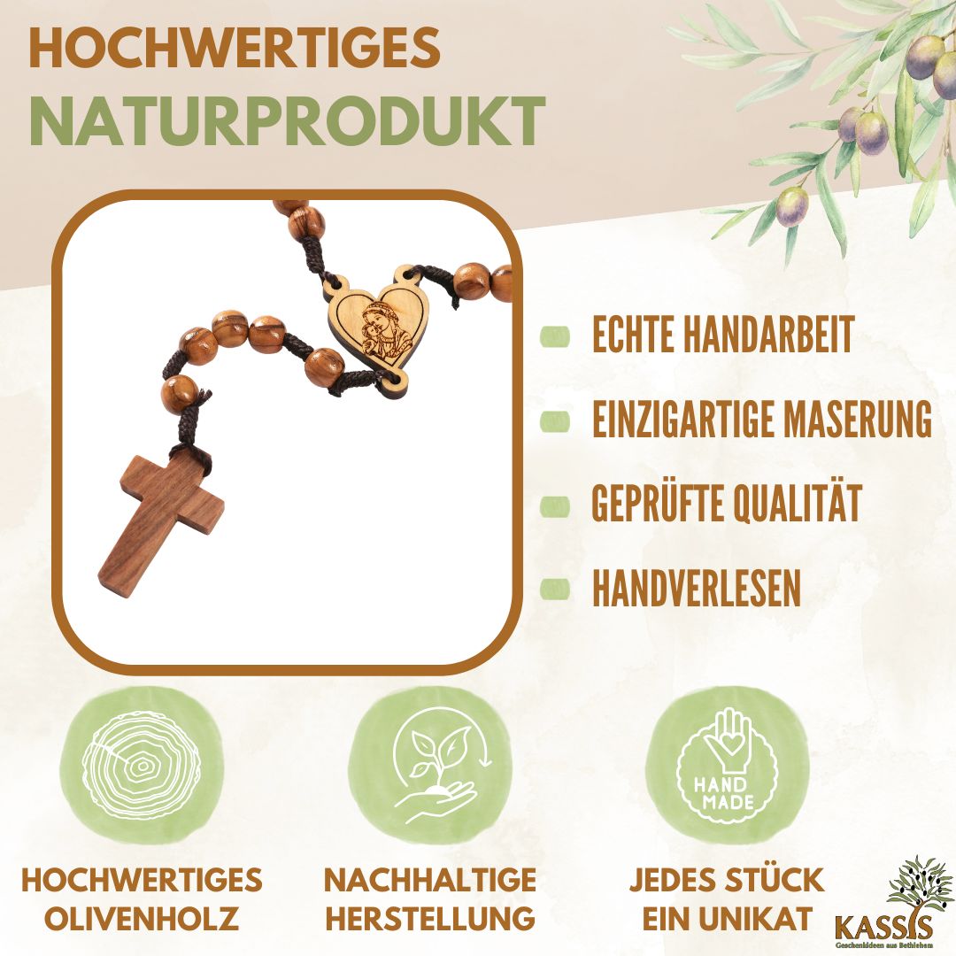 Handmade Olive Wood Rosary with Heart and Mary Pendant – 42cm | Baptism, Communion & Confirmation Gift