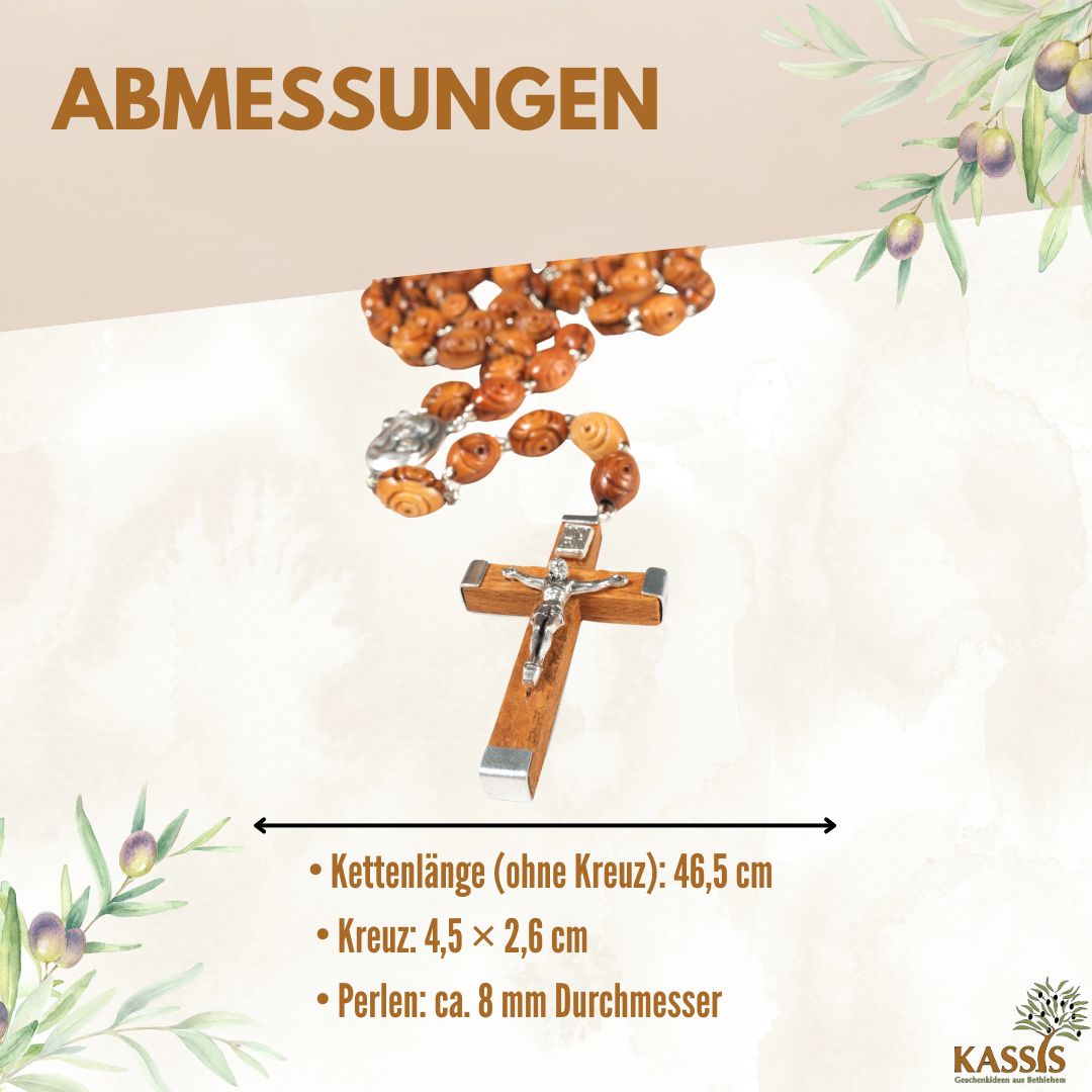 Handmade Olive Wood Rosary with Decorative Beads & Cross – 50cm | Baptism, Communion & Confirmation Gift