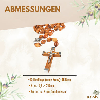 Handmade Olive Wood Rosary with Decorative Beads & Cross – 50cm | Baptism, Communion & Confirmation Gift