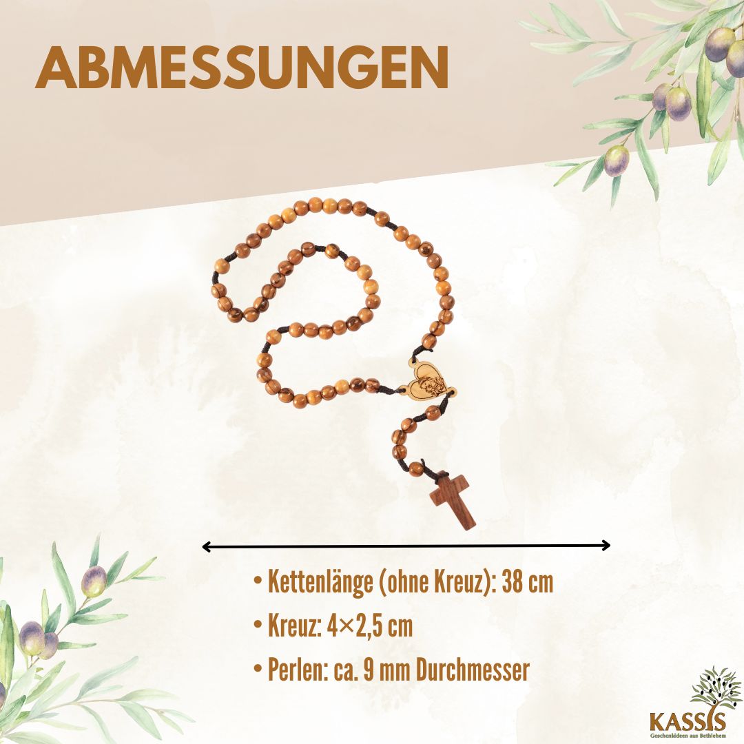 Handmade Olive Wood Rosary with Heart and Mary Pendant – 42cm | Baptism, Communion & Confirmation Gift