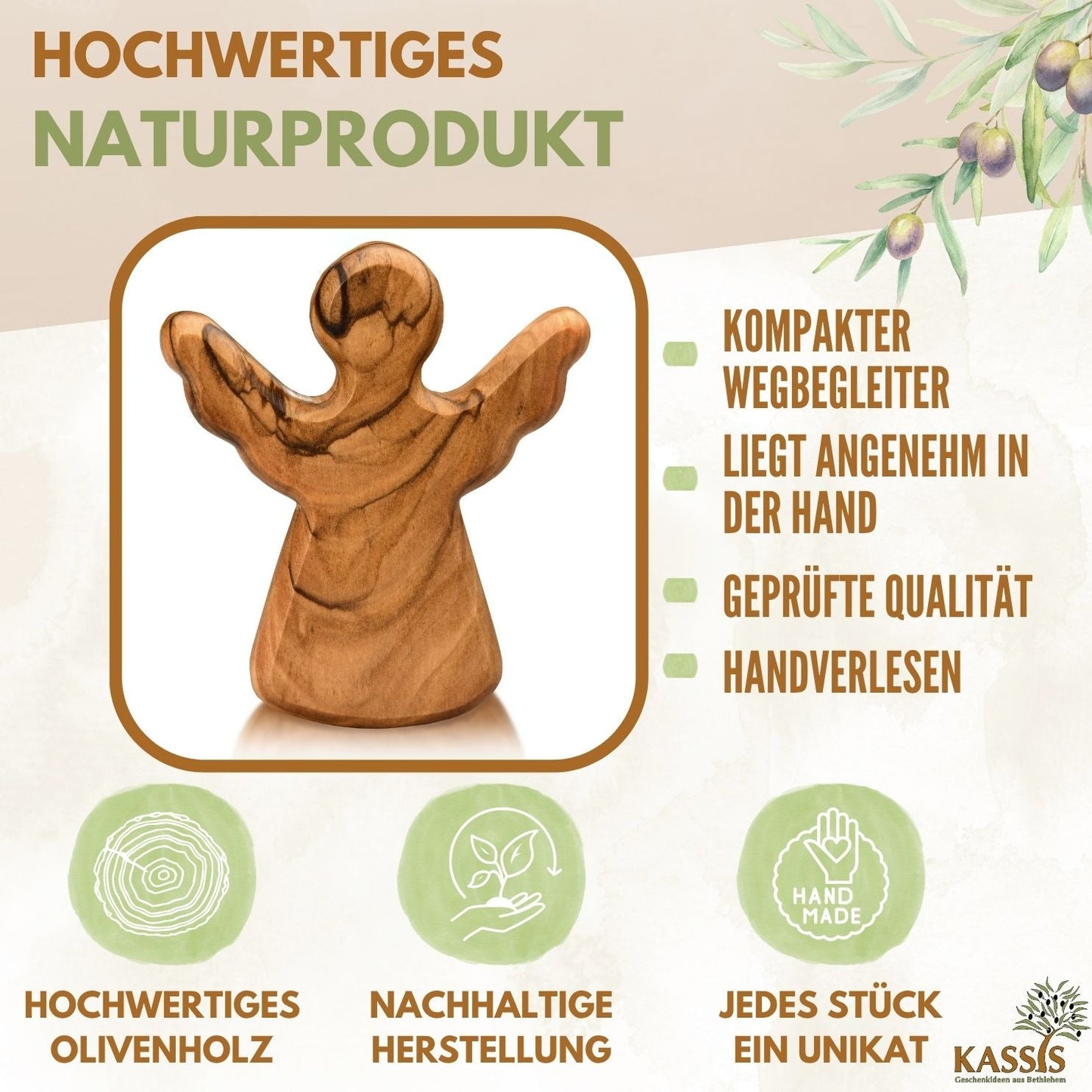 Handmade Olive Wood Guardian Angel Palm Stone | Baptism, Birth & Communion Gift