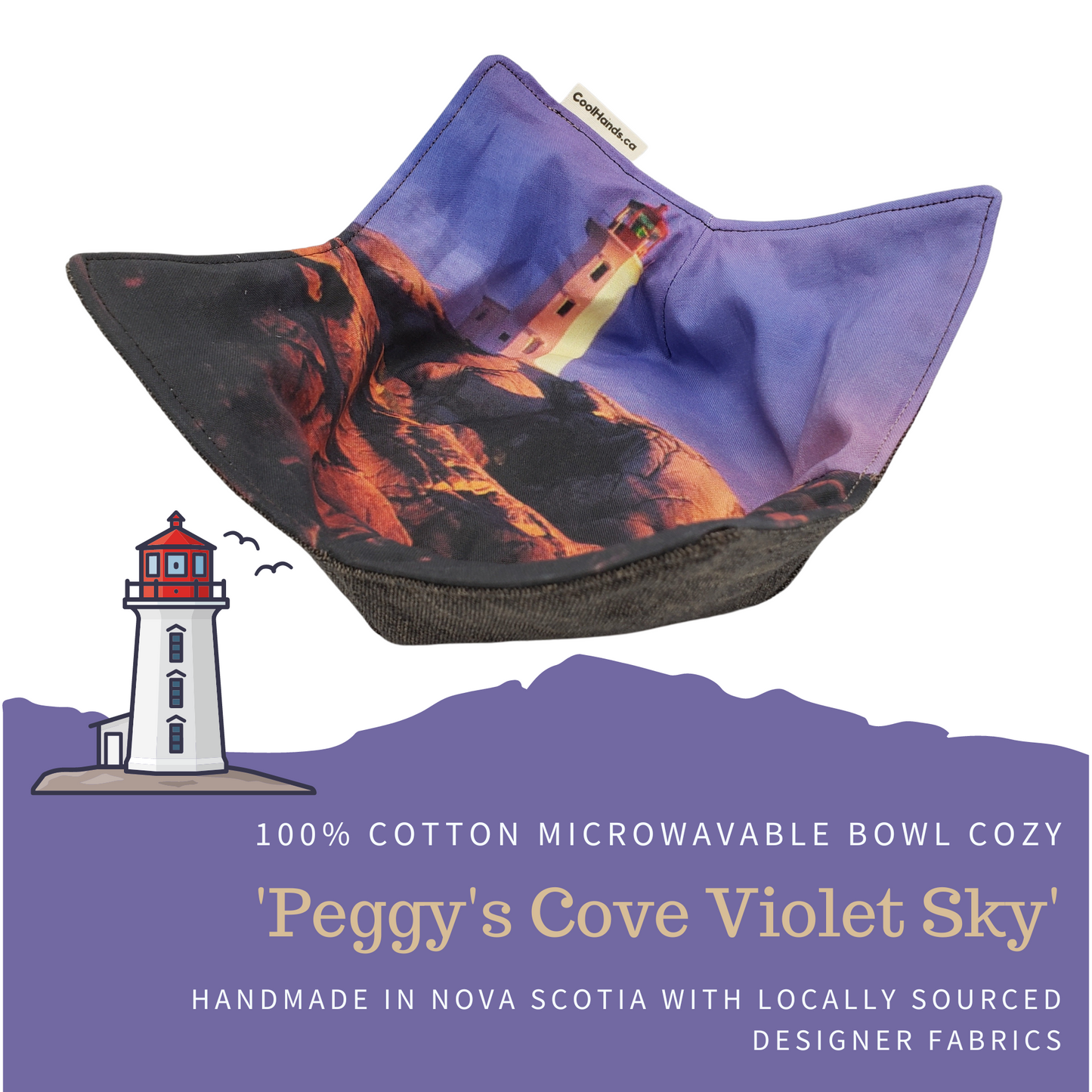 100% Cotton Microwavable Bowl Cozy - Peggys Cove Violet Sky